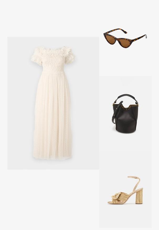 Needle & Thread MIDSUMMER BODICE OFF SHOULDER GOWN - Galajurk - exclusive cream; Gouden sandalen met hakken, voorzien van een geknoopte voorkant, gegolfde textuur en een enkelriem. De blokhak heeft een ribbelontwerp, wat de grip verbetert.; Cat-eye zonnebril met een zwart en oranje schildpadframe, bruine lenzen en slanke, puntige uiteinden. Bevat een minimalistisch logo op de poot.; Zwarte leren emmer tas met een gestructureerde afwerking, gouden hardware accenten en een open bovenkant. Heeft een korte handgreep en een verstelbare schouderriem.