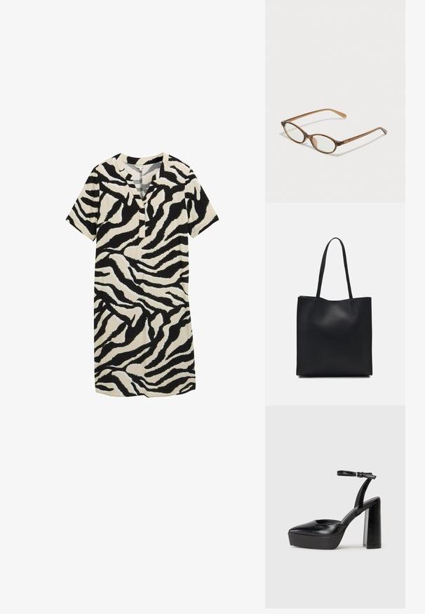 Lyhythihainen mekko kermaisin värein, mustavalkoisella seepranraidalla, jossa on viistot kaula-aukko ja rento malli. Silkkinen kangas.; Mustat korkeat platform-kengät, joissa on terävä kärki ja säädettävä nilkkaremmi. Valmistettu sileästä nahasta ja varustettu paksulla lohkokorkeudella.; Ruskeat kilpikonnaruutulasiset silmälasit, joissa ovaalit linssit, ohuet varret ja läpinäkyvät yksityiskohdat. Temppeleissä on huomaamaton logo. Suunnittelultaan suora ja kevyt.; Mustapahkainen kangaskassi, jossa on sileä pinta, suorakaiteen muotoinen ja kaksi pitkää kahvaa. Ei näkyvää metalliosaa tai koristeita.