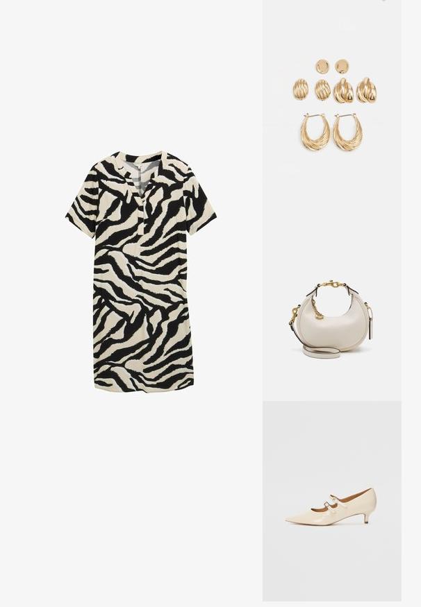 Vestido de manga corta en crema con un patrón de rayas de cebra en blanco y negro, con escote en pico y corte relajado. Textura de tela suave.; Zapatos Mary Jane de piel sintética beige con dos hebillas ajustables, punta afilada y tacón bajo. Textura suave con un acabado brillante.; Bolso de mano de cuero crema con forma de media luna, herrajes dorados, acentos negros y una correa desmontable. Cuenta con un detalle de cadena y una etiqueta.; Conjunto de pendientes en tono dorado que incluye tres pares: pendientes ovalados texturizados, pendientes con diseño ondulado y grandes aros con estrías en capas.