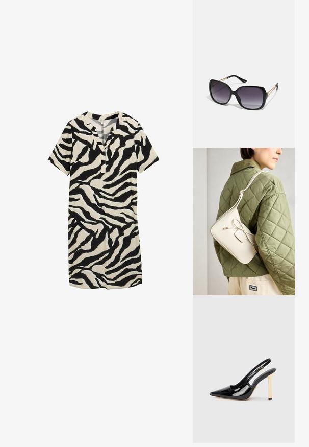 Kremlas īsām piedurknēm, ar melnbaltu zebras svītru rakstu, ar kakla izgriezumu un brīvu piegriezumu. Gluda auduma tekstūra.; Melna lakota ādas siksna ar augstu papēdi un smailu purngalu ar zelta krāsas kvadrātveida papēža akcentu. Aprīkots ar regulējamu potītes siksniņu.; Melni pārmērīgi lieli saulesbrilles ar gradāciju lēcām, biezām rāmja malām un zeltainas krāsas ķēžu detaļām uz tempļiem.; Bēša ādas crossbody soma ar loku detaļu, zelta aparatūru un vienu regulējamu siksnu, vilkta pāri zaļai quilted jakai.