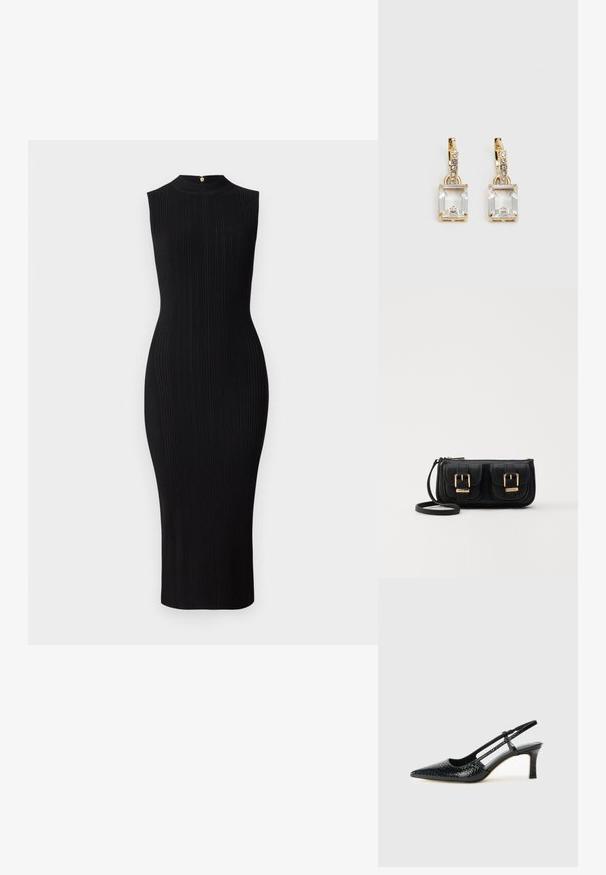 Robe noire en tricot côtelé, sans manches, col montant, silhouette ajustée, longueur genou, avec une fermeture éclair dorée au dos.; Escarpin slingback en vernis noir avec un bout pointu, présentant un imprimé serpent texturé, une sangle réglable et un petit talon bloc texturé.; Sac en cuir noir porté en travers avec deux poches avant, boucles dorées, fermeture zippée et une sangle fine. Surface texturée et forme rectangulaire compacte.; Boucles d'oreilles en or lumineux avec un cristal rectangulaire transparent pendent sous une rangée de petits accents ronds transparents. Design élégant et moderne.