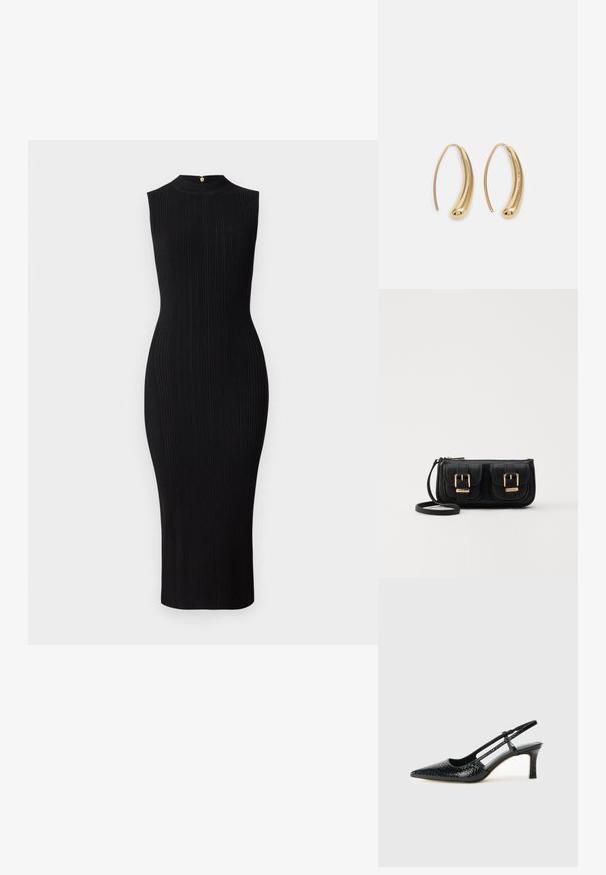 Melna ribota adīta kleita, bez piedurknēm, ar augstu kakla izgriezumu, pieguļoša silueta, līdz ceļgaliem, ar zelta rāvējslēdzēju aizmugurē.; Melna patent āda ar slīdošo papēdi un smailo purngalu, ar teksturētu čūsku drukājumu, regulējamu siksniņu un īsu teksturētu blokpapēdi.; Melnas ādas crossbody soma ar divām priekšējām kabatām, zelta sprādzēm, ar rāvējslēdzēju aizdari un šauru siksnu. Strukturēta virsma un kompakta taisnstūra forma.; Zelta toņu metāla gredzena auskari ar izliektu, pagarinātu formu. Ar gludu, spīdīgu virsma un noapaļotu galu papildu detaļām.