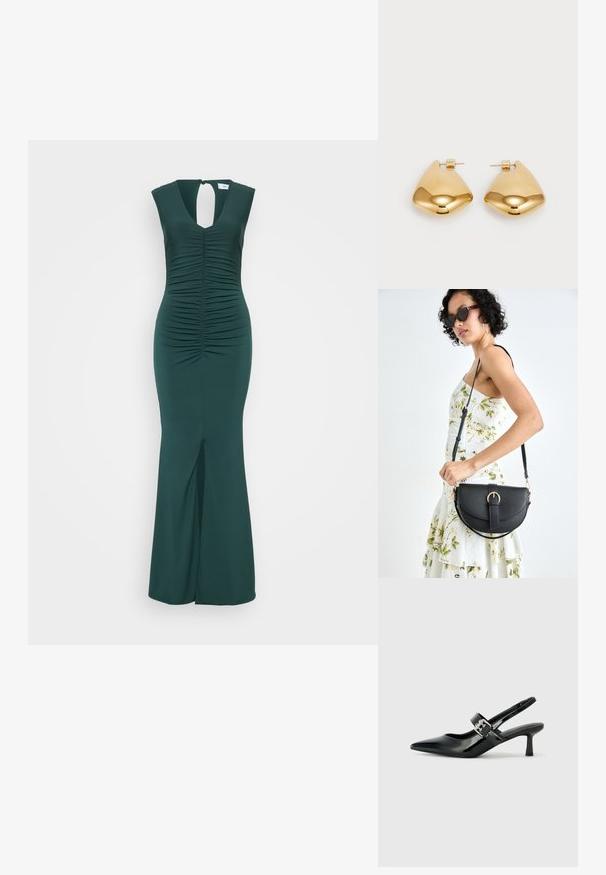 Tamsiai žalia, be rankovių suknelė su raukiniais ant liemens, rakto skylutės tipo nugara ir priekine plyšia. Lygus audinys, aptemptas siluetas, grindis siekiantis dizainas.; Juodai lakuoti slingback aukštakulniai su smailiu kojų pirštu ir mažais blokiniais kulniukais, su sidabro sagtimi ant dirželio.; Juodas odinis krepšys su išlenkta forma, nuimamu dirželiu ir auksiniais detalėmis. Krepšys turi kilpą su sagtimi.; Auksinės metalinės auskarai su lygia, suapvalinta trikampio forma ir užsegimu; blizgus paviršius su minimaliais dekoratyviniais elementais.