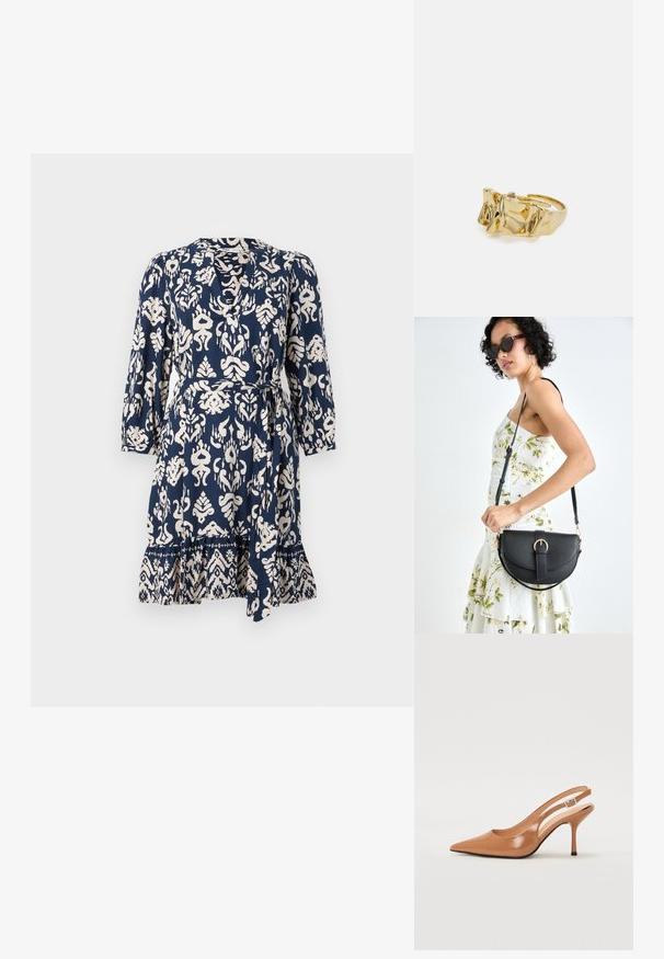 Mornarsko modra obleka s kremastim abstraktnim vzorcem, 3/4 rokavi, V-izrez, zategnjeno pasom in razširjenim robom s dekorativnim obrobjem.; Slinčaste pete z ostro konico v gladkem, sijočem bež materialu. Imajo ukrivljen rez in vitko stiletto peto. Podrobnost s srebrno zaponko.; Črna usnjena torbica s ukrivljeno obliko, z odstranljivo naramnico in zlatimi dodatki. Torbica ima pokrov s podrobnostmi v obliki zaponke.; Zlati prstan z teksturiranim, valovitim dizajnom, ki ima tri izrazite vrhove. Gladka, sijoča površina z odprtim pasom za prilagodljivo prileganje.