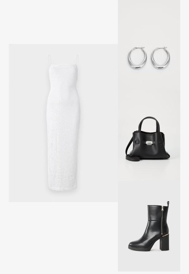 Robe midi blanche avec une silhouette ajustée, texture côtelée et fines bretelles spaghetti. Tissu lisse avec un design minimaliste, sans matériel visible.; Bottine noire en cuir lisse, avec une fermeture éclair sur le côté et un talon bloc texturé. Conception facile à enfiler avec un bout arrondi.; Sac à main en cuir noir avec une finition texturée, doté de deux poignées supérieures, d'une bandoulière amovible et d'un détail de fermoir en argent.; Une paire de boucles d'oreilles en croissant en argent poli avec des fermoirs à charnière sur un fond blanc.