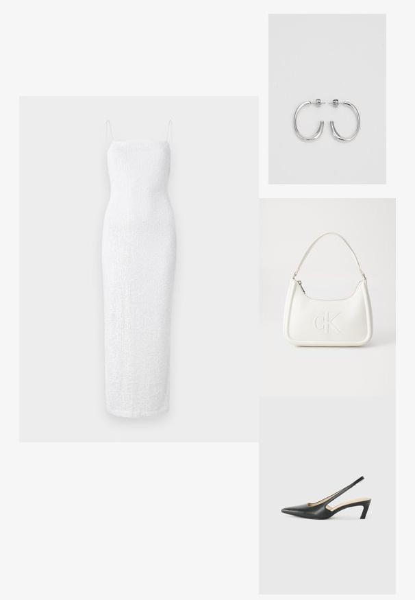 Robe midi blanche avec une silhouette ajustée, texture côtelée et fines bretelles spaghetti. Tissu lisse avec un design minimaliste, sans matériel visible.; Slingback noir à bout pointu avec un petit talon, en cuir lisse et doté d'un design découpé sur le côté pour plus de respirabilité.; Sac à main en cuir blanc avec une forme courbée, arborant un logo "CK" embossé à l'avant et une seule bandoulière. Fermeture à glissière en haut.; Boucles d'oreilles en argent avec une finition lisse et brillante. Forme arrondie, conception légère, avec un fermoir à tige.