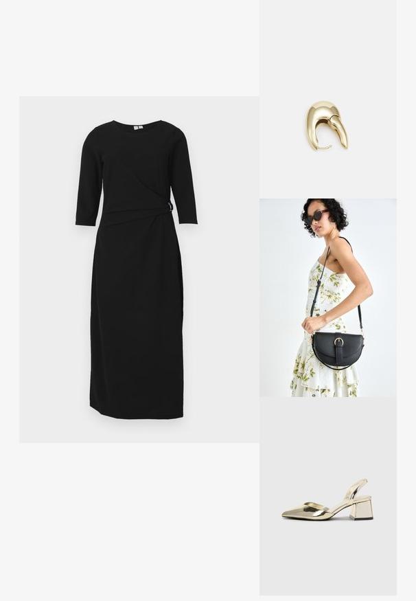 Melna kleita ar trīs ceturtdaļu piedurknēm, ar priekšējo vīlējuma detaļu jostas vietā un taisnu siluetu, izgatavota no mīksta, elastīga auduma.; Zeltaini, metāla kurpes ar siksniņām, norakans purngalis un masīla papēdis. Gluda tekstūra, minimālisma dizains un šaura siksna.; Melnas ādas rokassoma ar izliekta formu, noņemamu siksnu un zelta aksesuāriem. Somai ir vāciņš ar sprādzes detaļu.; Zeltīti metāla auskari ar gludu, izliekta dizaina. Ar atšķirīgu smailu formu, pulētu virsmu un eņģu aizdari.