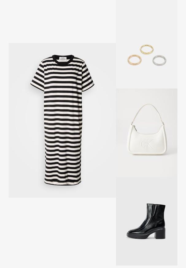 Fekete és fehér csíkos pólóruha, rövid ujjú, kerek nyakkivágással, térd fölé érő hosszúsággal, sima anyagból készült, laza fazonnal.; Fekete lakkbőr bokacsizma ívelt orral, elasztikus oldalpanelek és vastag blokk sarkal. A hátsó részen dombornyomott logó található.; Fehér bőrtáska ívelt formájú, elöl feltűnő "CK" logóval, egyetlen vállpánttal. Cipzáras zárás a tetején.; Három fémgyűrű: az egyik rose gold, a másik texturált akcentusokkal ellátott arany, a harmadik pedig ezüst, mindegyiken gravírozott márkajelzés található a belső sávon.