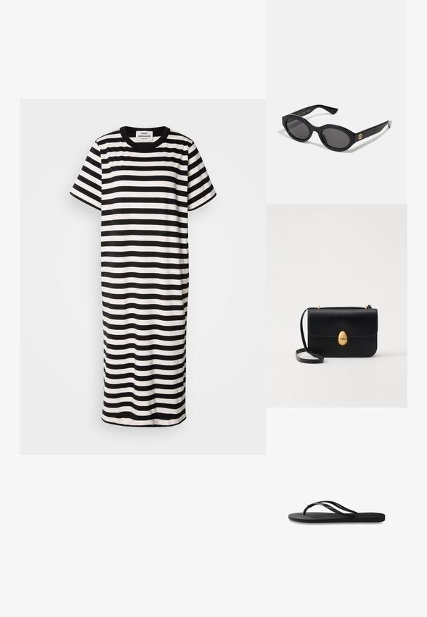 Riba narmastikaga must-valge kleit, lühikeste varrukatega, ümmarguse kaelusega, põlvekõrgune, valmistatud siledast kangast ja kerge lõikega.; Mustad mustes suss, millel on tekstureeritud kummist põhi, kaks peenikest rihma ja tagasihoidlik, reljeefne logo detail rihmal.; Mustad mustad prillid tumedate läätsedega ja läikiva plastraamiga. Omab kuldset logo põlveosal, pakkudes stiilset ja kaasaegset disaini.; Must kase nahast käekott, millel on struktureeritud ristkülikukujuline kuju. Omab kuldset ovaalset lukku ja õhukest õlavarre rihma. Sile tekstuur.