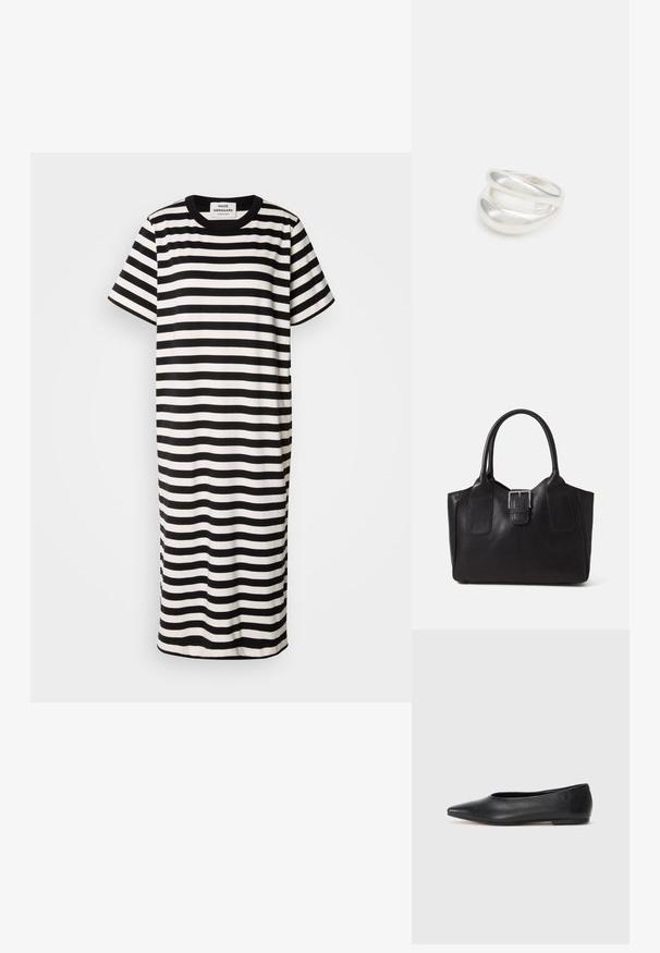 Svītrainā t-kreklu kleita melnbaltā krāsā, īsām piedurknēm, apaļai kakla izgriezumam, līdz ceļiem, izgatavota no gludas auduma ar brīvu piegriezumu.; Melna ādas baleta kurpe, ar norādītu purngalu, minimālisma dizains, gluda tekstūra, zema papēža augstums, bez redzamiem aksesuāriem vai rotājumiem.; Melnas ādas somiņa ar gludu tekstūru, strukturētu formu, divām rokturām un izteiktu sudraba sprādzi priekšpusē.; Sudraba divu joslu gredzens ar gludu, pulētu virsmu. Iezīmējas ar plūstošu, izliekta dizaina struktūru ar pārklājošām sekcijām modernam izskatam.