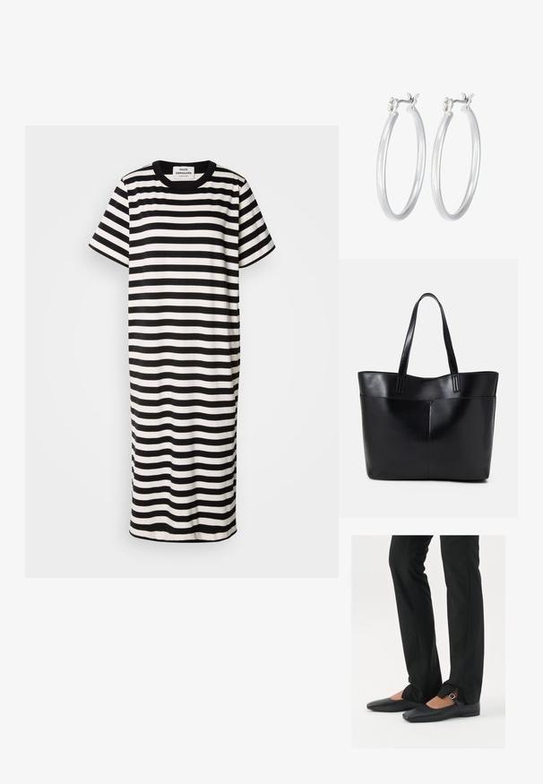 Pruhované šaty s tričkovým strihom v čiernej a bielej farbe, krátke rukávy, okrúhly výstrih, dĺžka po kolená, vyrobené z hladkej tkaniny s uvoľneným strihom.; Čierne kožené baletky s špicatou špičkou, remienkom so striebornou prackou, skombinované s čiernymi strihovými nohavicami so rozparkom na leme.; Čierna kožená tote taška s dvoma dlhými rúčkami, hladkým povrchom a štruktúrovaným tvarom. Obsahuje prednú kapsu pre dodatočné uskladnenie.; Strieborné kruhové náušnice s hladkým, lesklým povrchom. Kolový tvar a bezpečné klikanie na uzatváranie. Ľahký dizajn vhodný na každodenné nosenie.