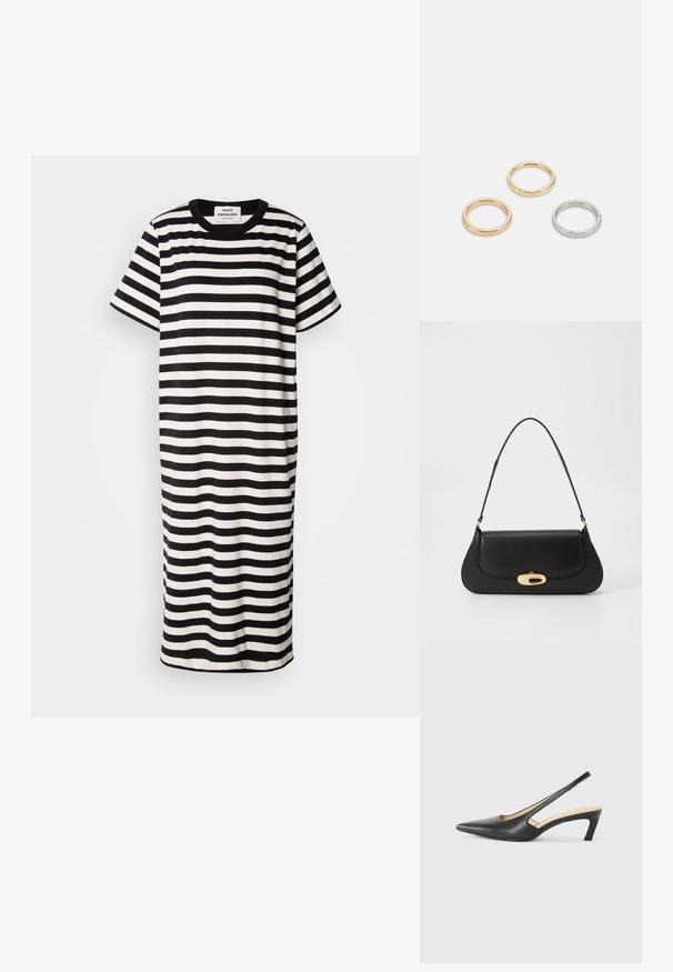 Prugasta majica haljina u crno-bijeloj boji, kratki rukavi, okrugli izrez, do koljena, napravljena od glatkog materijala s opuštenim krojem.; Crne cipele s izduženim vrhom i remenom oko pete, s niskom petom, izrađene od glatke kože i s izrezbarenom stranom radi prozračnosti.; Crna kožna torba s zakrivljenim dizajnom, zlatnim detaljima i gornjom drškom. Ima elegantno zatvaranje i glatku teksturu.; Tri metalne prstenove: jedan od rose zlata, jedan od zlata s teksturiranim akcentima i jedan od srebra, svi s ugraviranim logotipom na unutarnjoj strani.