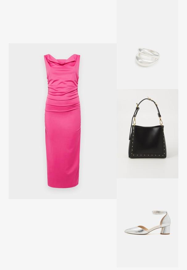 Ružičasta haljina prilagođena tijelu od rastezljivog materijala, s dekolteom u obliku stube i nabranim detaljima sa strane, uz elegantnu suknju srednje dužine.; Srebrne metalik cipele s niskom blok potpeticom, šiljatog vrha, s remenom oko gležnja i kopčom, na bijeloj pozadini.; Crna kožna torba s strukturiranim oblikom, s zlatnim zakovicama duž rubova i odvojivim remenom s zlatnim metalnim detaljima.; Srebrna dvostruka prsten s glatkom, poliranom površinom. Karakterizira ga fluidan, zakrivljen dizajn s preklapajućim sekcijama za moderan izgled.