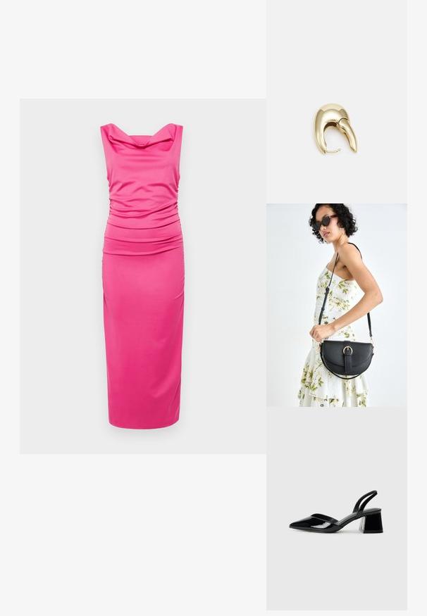 Tett rosa kjole laget av elastisk stoff, med cowl-hals og rynkede detaljer langs sidene, samt et slankt, midikjole-snitt.; Svarte patentlær slingback hæler med spiss tå og geometrisk blokk hæl. Har et stilrent, minimalistisk design og jevn tekstur.; Svart lærveske med en buet form, avtagbar stropp og gullbeslag. Vesken har et klaff med spenne-detall.; Gullfarget metalløredobber med et elegant, buet design. Har en karakteristisk spiss form, polert overflate og hengsel-lukking.