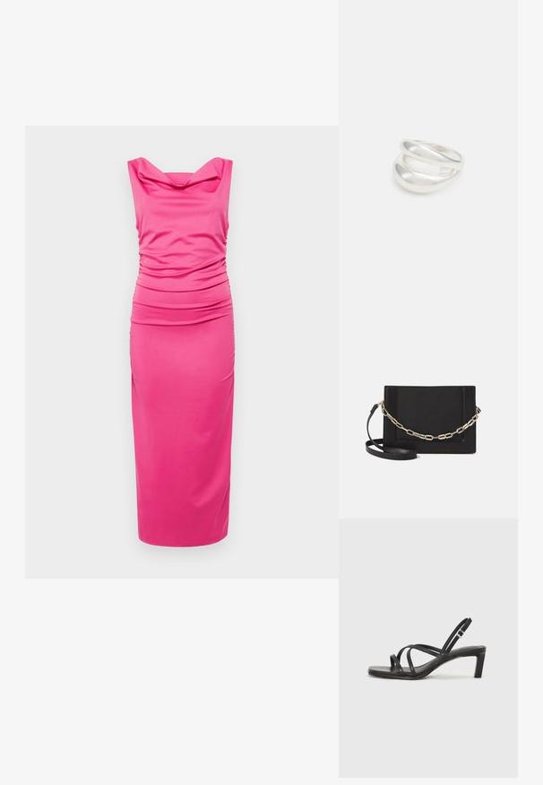 Priešakinio kirpimo rožinė suknelė, pagaminta iš tamprus audinio, su surinktu iškirpimu ir susiraukšlėjimo detalėmis šonuose, turinti elegantišką midi ilgio sijoną.; Juodi šlepetės su kvadratiniu pirštu ir žemu bloku kulnu. Yra keli ploni dirželiai ir reguliuojamas kulkšnies diržas. Pagaminti iš lygios odos.; Juodas odinis per petį nešiojamas krepšys turi lygų paviršių, stačiakampio formą ir metalinę grandinėlę priekyje. Pridedama reguliuojama dirželis.; Sidabrinis dvigubas žiedas su lygiu, poliruotu paviršiumi. Pasižymi sklandžiu, kreiptu dizainu su persipinančiomis dalimis, suteikiančiomis modernų išvaizdą.