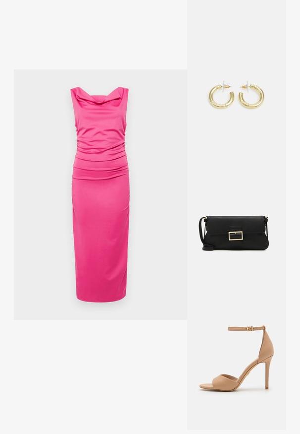 Roosa, napilt keha järgiv kleit on valmistatud venivast kangast. Kleidil on kaeluses voltidega detailid külgedel ning elegantne midi-pikkune seelik.; ALDO CRERIDE PILLOW WALK - Sandaalid - beige; Must haben musta nahkklahviga kott, millel on klapp ja kuldne metallist pandla detail. Kaasas must rihm ja stiilne, minimalistlik disain.; Kuldne rõngassõrmused sileda ja läikiva viimistlusega. Ringikujuline disain, millel on väike post ja selge tagumine külg, et tagada kindel kandmine.