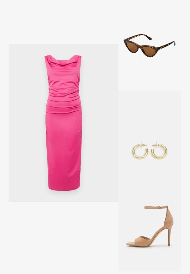 Roosa, napilt keha järgiv kleit on valmistatud venivast kangast. Kleidil on kaeluses voltidega detailid külgedel ning elegantne midi-pikkune seelik.; ALDO CRERIDE PILLOW WALK - Sandaalid - beige; Kassi vormiga prillid musta ja oranži kilpkonnakujulise raami, pruunide läätsede ja elegantsete teravate otstega. Templi juures on minimaalne logo.; Kuldne rõngassõrmused sileda ja läikiva viimistlusega. Ringikujuline disain, millel on väike post ja selge tagumine külg, et tagada kindel kandmine.