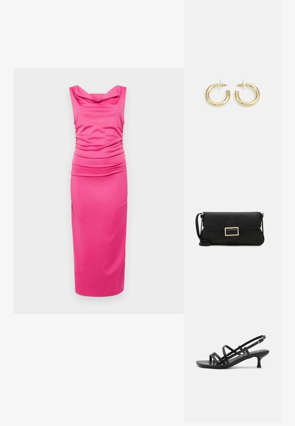 Priliehavé ružové šaty vyrobené z elastického materiálu, s cowl výstrihom a nariasenými detailmi po stranách, s elegantnou sukňou po kolená.; Čierne sandále na podpätku s viacerými prekríženými remienkami. Hladký materiál, špicatá špička a úzky podpätok. Nastaviteľný remienok okolo členka s prackou.; Čierna kožená clutch taška s klopou a zlatým kovovým detailom s prackou. Obsahuje čierny remienok a elegantný, minimalistický dizajn.; Zlaté kruhové náušnice s hladkým, lesklým povrchom. Cirkulárny dizajn s malým steblom a jasným záznamom pre bezpečné nosenie.