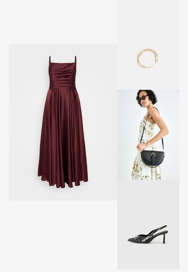 My Mascara Curves Festklänning - burgundy; Svart lackläder slingbacksko med spetsig tå, ankelremmar med silverfärgade spännen och detaljer samt en smal klack.; Svart läderhandväska med en böjd form, avtagbar rem och guldiga detaljer. Väskan har ett lock med en spänndetalj.; Ring i guldutförande med en organisk, vriden design, slät yta och avsmalnande ändar, vilket ger ett modernt, skulpturalt utseende.