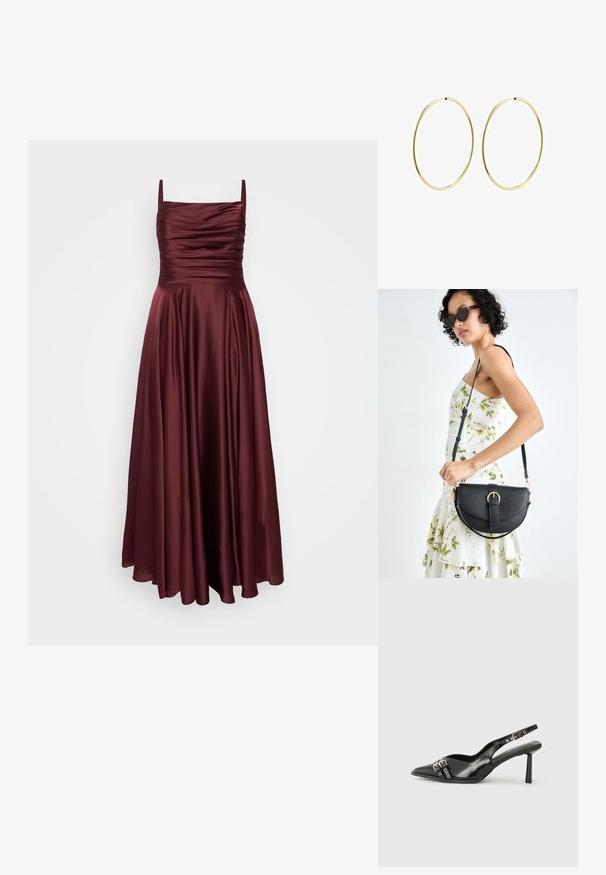 My Mascara Curves Oblečenie na špeciálnu príležitosť - burgundy; Čierne lakované kožené slingback topánky s špicatou špičkou, remienkami okolo členku s striebornými prackami a hardvérom, a štíhlým podpätkom.; Čierna kožená kabelka s zaobleným tvarom, odnímateľným popruhom a zlatými doplnkami. Kabelka má klopu s detailom s prackou.; Zlaté kruhové náušnice s hladkým, zaobleným dizajnom. Tenké a ľahké, s nepřerušeným okruhom bez akýchkoľvek ozdôb.