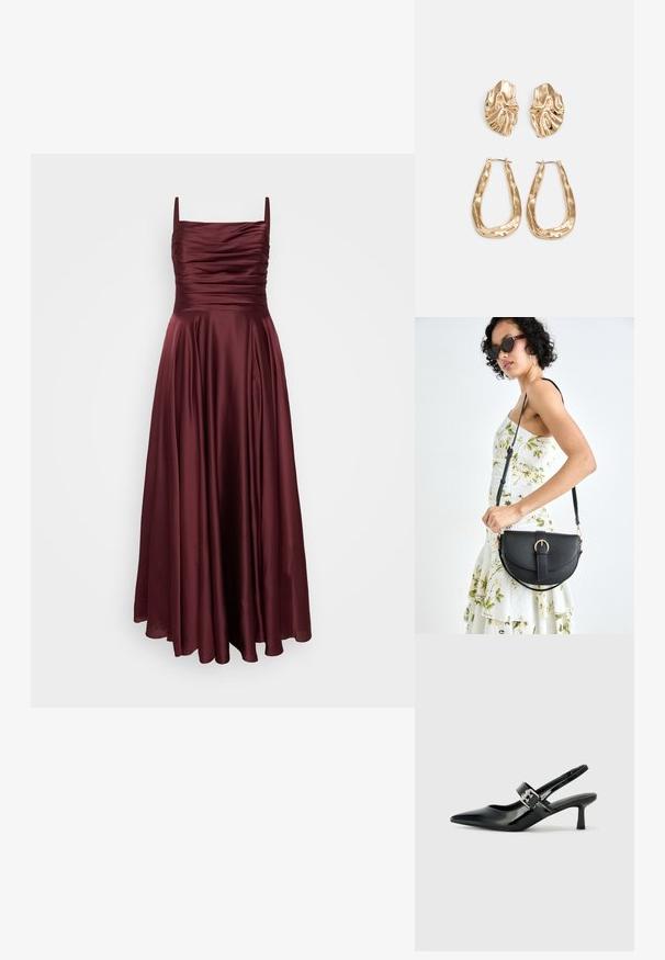 My Mascara Curves Alkalmi viselet - burgundy; Fekete lakkbőr slingback sarkú cipők hegyes orral és kis blokk talppal, ezüst csat díszítéssel a pánton.; Fekete bőrtáska ívelt formával, levehető pánttal és arany színű fémrészekkel. A táskán egy csattal díszített fedél található.; Aranyszínű fülbevalók, texturált, hullámos formákkal. Tartalmazza a szobrászati klipszes studokat és az open hoop kialakítást, kalapácsos felülettel.