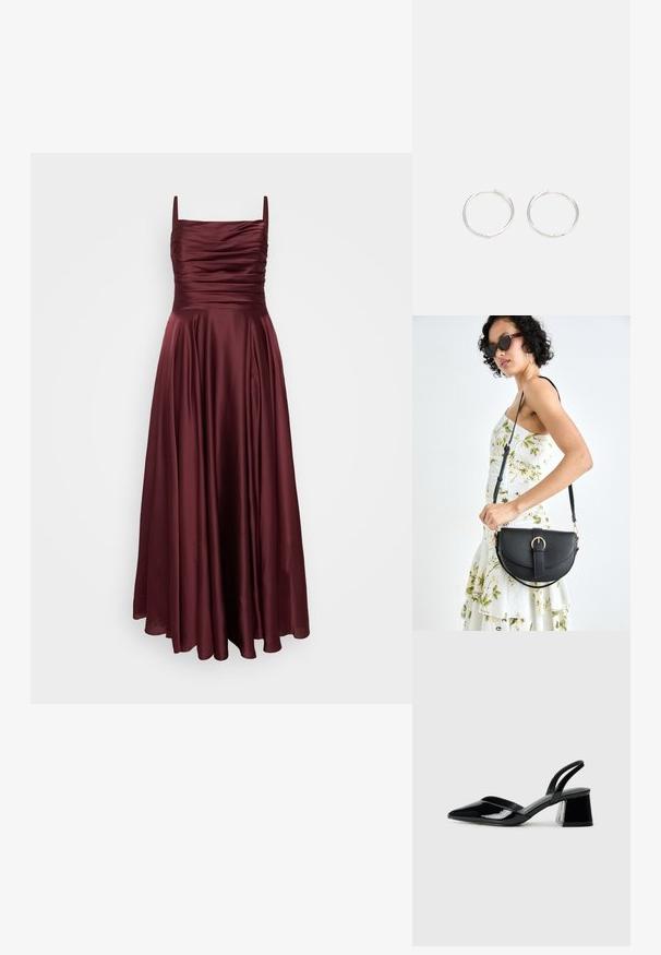 My Mascara Curves Proginė apranga - burgundy; Juodos lakuotos odinės šlepetės su smailiu pirštu ir geometriniu bloko kulnu. Turi elegantišką, minimalistinį dizainą ir lygų paviršių.; Juodas odinis krepšys su išlenkta forma, nuimamu dirželiu ir auksiniais detalėmis. Krepšys turi kilpą su sagtimi.; Sidabrinės auskarai žiedai su sėslia, apvalia forma, pasižymintys lygia paviršiumi ir be matomų puošmenų. Svoris nenurodytas.