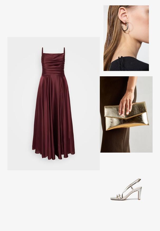 My Mascara Curves Îmbrăcăminte de ocazie - burgundy; Sandalie cu toc înalt, metalice, argintii, cu vârful deschis, având trei bretele subțiri peste picior și o bretea pentru gleznă cu cataramă.; Geantă de mână metalică aurie cu o textură netedă, având un închizător în formă de triunghi. Mâna care o ține are unghii frumos îngrijite.; Cercel din argint cu un finisaj polișat, având detalii mici din aur și o formă rotundă, purtat pe lobul urechii.