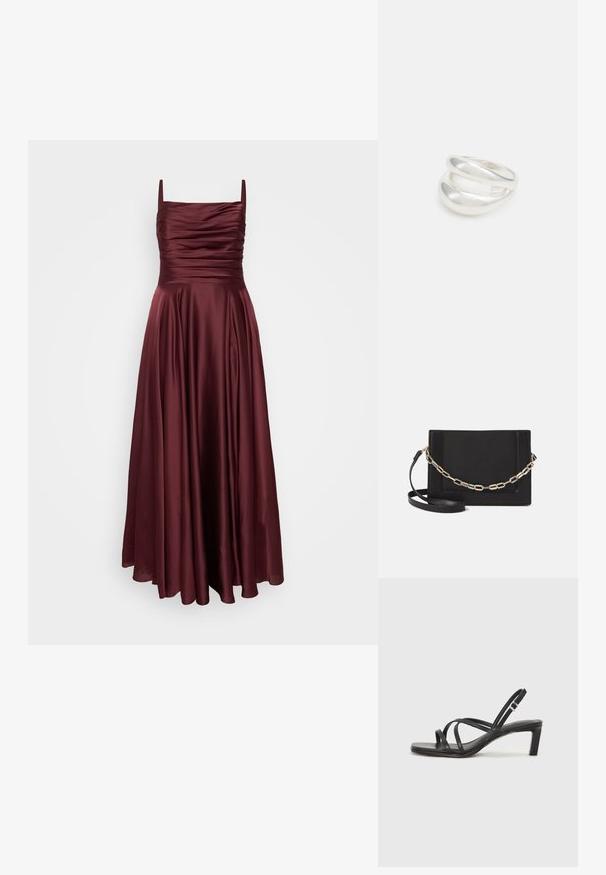 My Mascara Curves Pidulikud riided - burgundy; Mustast rihmajalatsid ruudukujulise varba ja madala ploki kontsaga. Omab mitmeid õhukesi rihmasid ja reguleeritavat pahkluu rihma. Valmistatud siledast nahast.; Mustast nahast õlakott, mis omab siledat tekstuuri, ristküliku kuju ning esiküljel metallketi detaili. Reguleeritav rihm on kaasas.; Hõbedane kahekordne rõngas sujuva, poleeritud pinnaga. Omab voolavat, kõverat disaini, millel on kattuvad sektsioonid, et saavutada kaasaegne ilme.