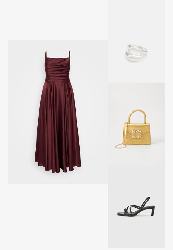 My Mascara Curves Oblečenie na špeciálnu príležitosť - burgundy; Čierne sandále na vysokom podpätku so štvorcovou špičkou a nízkym blokovým podpätkom. Obsahujú viacero tenkých popruhov a nastaviteľný členkový popruh. Vyrobené z hladkej kože.; Žltá falošná krokodília kabelka so štruktúrovaným dizajnom, horným držadlom, odnímateľným reťazovým popruhom a dekoratívnym kryštálovým ozdobením na zapínaní.; Strieborný prsteň s dvojitým pásikom s hladkým, lesklým povrchom. Má plynulý, zakrivený dizajn s prekryvajúcimi sa časťami pre moderný vzhľad.