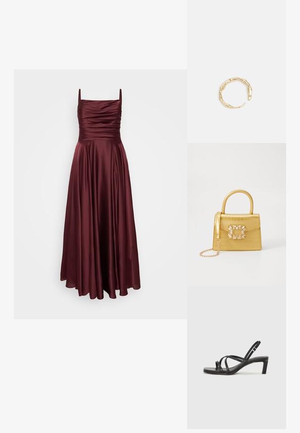 My Mascara Curves Oblečenie na špeciálnu príležitosť - burgundy; Čierne sandále na vysokom podpätku so štvorcovou špičkou a nízkym blokovým podpätkom. Obsahujú viacero tenkých popruhov a nastaviteľný členkový popruh. Vyrobené z hladkej kože.; Žltá falošná krokodília kabelka so štruktúrovaným dizajnom, horným držadlom, odnímateľným reťazovým popruhom a dekoratívnym kryštálovým ozdobením na zapínaní.; Prsteň v zlatej farbe s organickým, skrúteným dizajnom, hladkým povrchom a zužujúcimi sa koncami, vytvárajúci moderný, sochársky vzhľad.