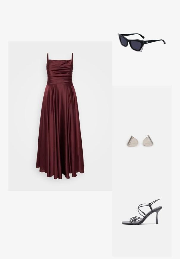 My Mascara Curves Oblečenie na špeciálnu príležitosť - burgundy; Čierne sandále na vysokom podpätku majú tenké remienky s uzlovým dizajnom, hladký štvorcový špičku a elegantný stiletto podpätok.; Čierne oversized slnečné okuliare s geometrickým tvarom, s tmavými šošovkami a kontrastným šedým detailom na ráme. Logo na mostíku.; Strieborné kovové náušnice s hladkým tvarom kvapky a lesklým povrchom. Jemné rytiny pridávajú detail. Minimalistický dizajn.