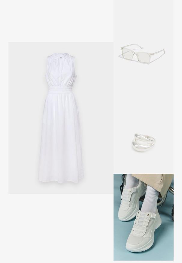 GAP HALTER - Robe de jour - optic white; Baskets blanches avec un matériau en maille, semelle en caoutchouc, design sans lacets avec des bandes élastiques et accents dorés.; Lunettes carrées en plastique transparent avec des verres translucides, dotées d'accents dorés sur les branches pour plus de détails.; Bague en argent à double bande avec une surface lisse et polie. Présente un design fluide et courbé avec des sections qui se chevauchent pour un look moderne.