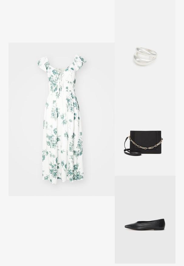 Bela cvetna obleka z zelenimi botaničnimi potiski, napihnjene rokave, zožen pas in lahkotna, dolga krila do gležnjev. Narejena iz lahkega materiala.; Črne usnjene balerinke, koničast toe, minimalističen dizajn, gladka tekstura, nizka peta, brez vidnih kovinskih delov ali okraskov.; Črna usnjena torba čez ramo z gladko teksturo, pravokotno obliko in kovinskim verižnim detajlom spredaj. Vključena je nastavljiva naramnica.; Srebrn dvojni prstan z gladko, polirano površino. Ima tekoč, ukrivljen dizajn z prekrivajočimi se sekcijami za sodoben videz.