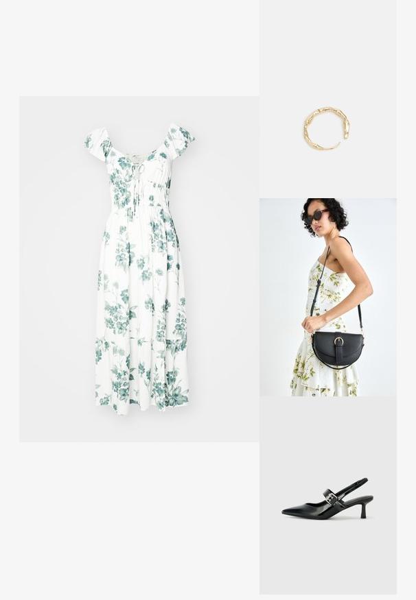 Bela cvetna obleka z zelenimi botaničnimi potiski, napihnjene rokave, zožen pas in lahkotna, dolga krila do gležnjev. Narejena iz lahkega materiala.; Črne patent usnjene slingback pete s koničastim nosom in majhnim blok peto, ki vključujejo srebrno zaponko na traku.; Črna usnjena torbica s ukrivljeno obliko, z odstranljivo naramnico in zlatimi dodatki. Torbica ima pokrov s podrobnostmi v obliki zaponke.; Zlati prstan s organskim, zvitim dizajnom, gladko površino in taperiranimi konci, ki ustvarja modernega, skulpturalnega videza.