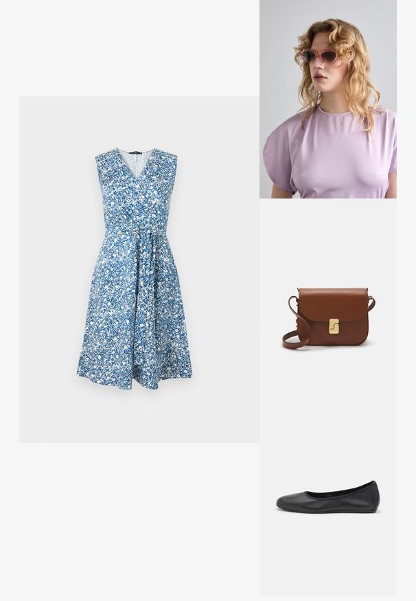 Robe à imprimé floral bleue et blanche, sans manches avec un décolleté en V, taille cintrée et jupe fluide. Fabriquée en matériau léger.; Ballerines en cuir noir avec un bout rond, texture lisse, détails de couture minimalistes et design de semelle flexible.; Lunettes de soleil teintées de rose avec une monture géométrique, assorties à un haut lavande doux avec un décolleté rond et des manches courtes.; Sac à main en cuir marron avec une fermeture à rabat, des accents en métal doré, une bandoulière et une texture lisse. Forme rectangulaire compacte.