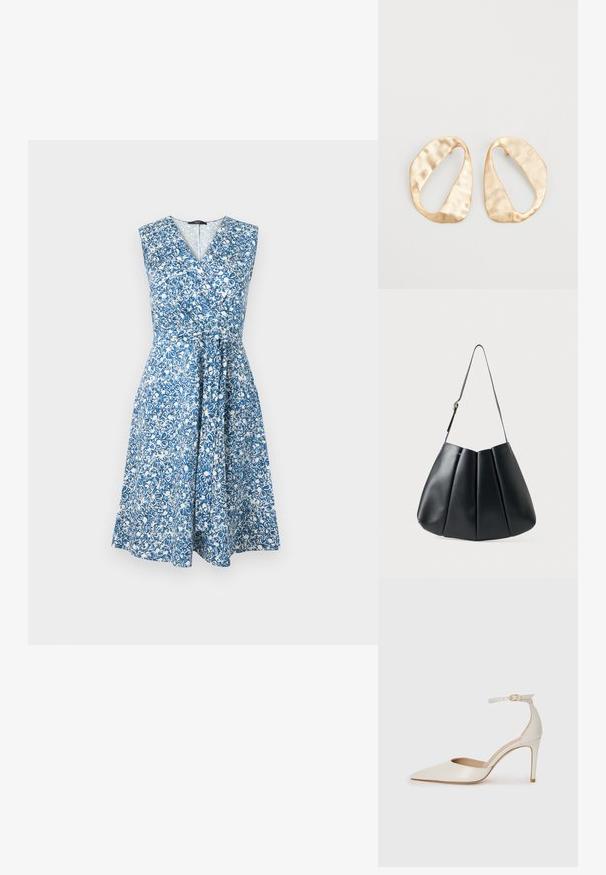 Vestido de estampado floral en azul y blanco, sin mangas, con escote en V, cintura ceñida y falda fluida. Hecho de material liviano.; Zapato de tacón alto de cuero blanco con punta afilada, correa en el tobillo y un delgado tacón de aguja. Textura lisa con un sutil acabado brillante.; Bolso de hombro de cuero negro con diseño plisado, textura suave, correa única y un sutil acento de metal dorado.; Un par de pendientes de metal dorado en forma de óvalo irregular con una superficie texturizada y ligeramente martillada sobre un fondo blanco.