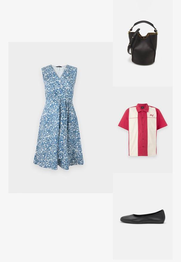 Robe à imprimé floral bleue et blanche, sans manches avec un décolleté en V, taille cintrée et jupe fluide. Fabriquée en matériau léger.; Chemise à manches courtes à boutons avec des rayures verticales rouges et blanches, en tissu coton, et logo brodé sur le côté gauche de la poitrine.; Ballerines en cuir noir avec un bout rond, texture lisse, détails de couture minimalistes et design de semelle flexible.; Sac seau en cuir noir avec une finition texturée, accents en matériel doré et une ouverture en haut. Il dispose d'une courte poignée et d'une sangle d'épaule réglable.
