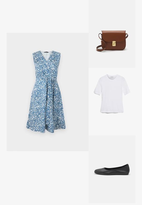 Šaty s květinovým vzorem v modré a bílé barvě, bez rukávů, s výstřihem do V, s úzkým pasem a splývavou sukni. Vyrobeno z lehkého materiálu.; Bílá tričko s krátkým rukávem vyrobené z žebrované tkaniny. Kulatý výstřih, normální střih a jemné detaily šití. Bez vzorů nebo grafik.; Černé kožené baletní byty s kulatou špičkou, hladkou texturou, minimálními švy a flexibilním designem podrážky.; Hnědá kožená kabelka s klopou, zlatými kovovými detaily, ramenním popruhem a hladkým povrchem. Kompaktní obdélníkový tvar.
