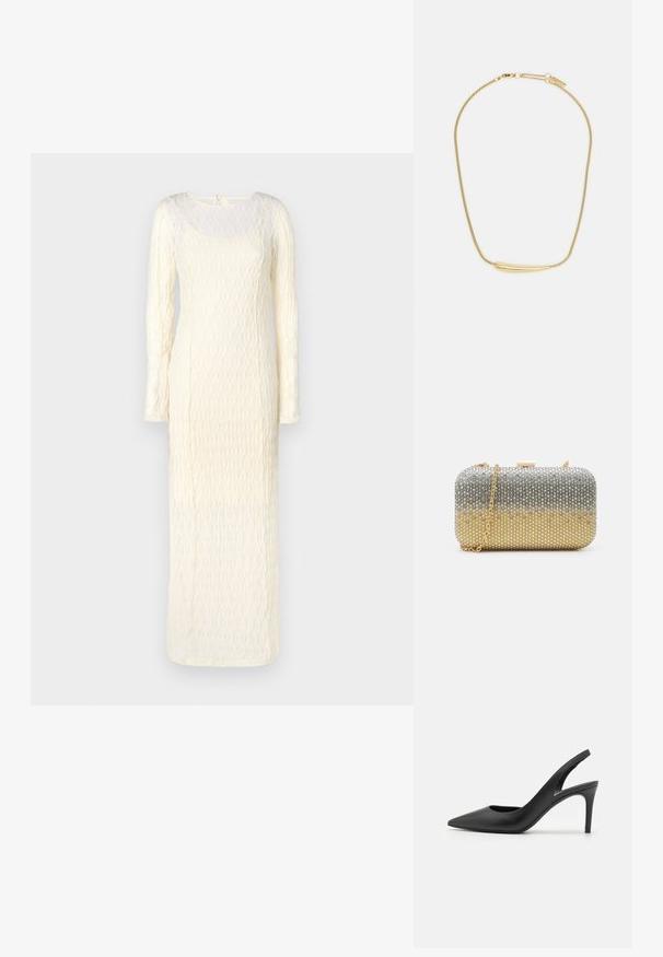 Pitkähihaisen, lattiaan asti ulottuvan kermaisen mekon, jossa on teksturoitu kuosi ja neliönmuotoinen pääntie. Takana on solmittava suljenta.; Musta nahkainen slingback-korkokengät, joissa on terävä kärki, etuosassa leikkaus ja ohut stiletto-korko.; Mascara Pikkulaukku - gold-coloured/silver-coloured; Kultaketju, jossa on sileä, kaareva keskuskoriste. Mukana joustava ketju, jossa on lutikka-ansa ja lisä-adjustoitavat ketjulenkit.