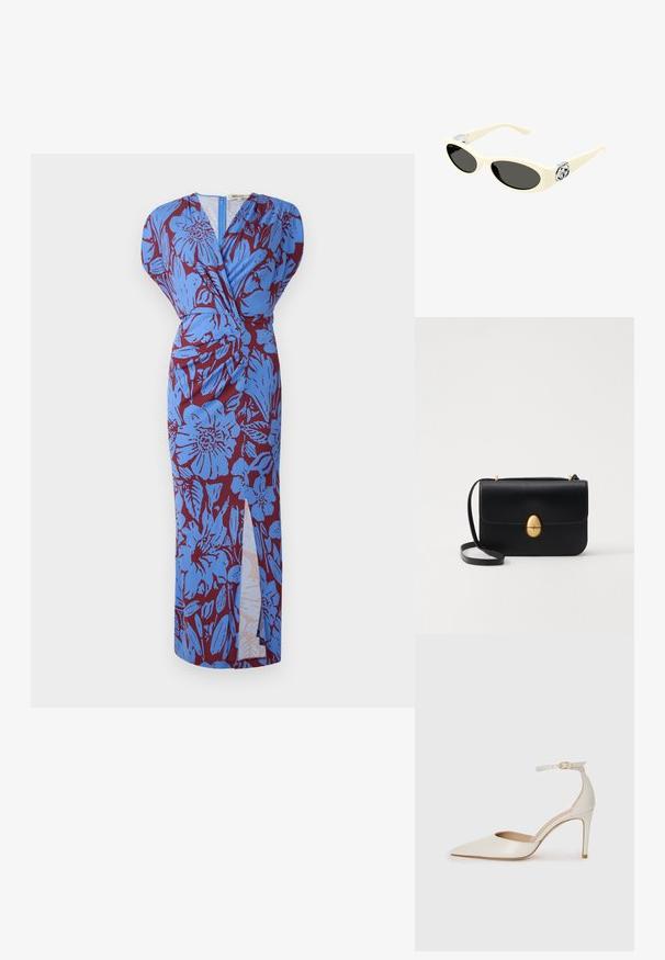 Vestido largo con diseño envolvente, que presenta un patrón floral azul sobre un fondo burdeos, fabricado en una tela suave y con una abertura lateral.; Zapato de tacón alto de cuero blanco con punta afilada, correa en el tobillo y un delgado tacón de aguja. Textura lisa con un sutil acabado brillante.; Gafas de sol color crema con lentes ovalados, tinte negro y acentos metálicos con logotipo en las patillas. Textura suave, diseño de ojo de gato.; Bolso de mano de cuero negro con forma rectangular estructurada. Presenta un cierre ovalado dorado y una delgada correa para el hombro. Textura suave.