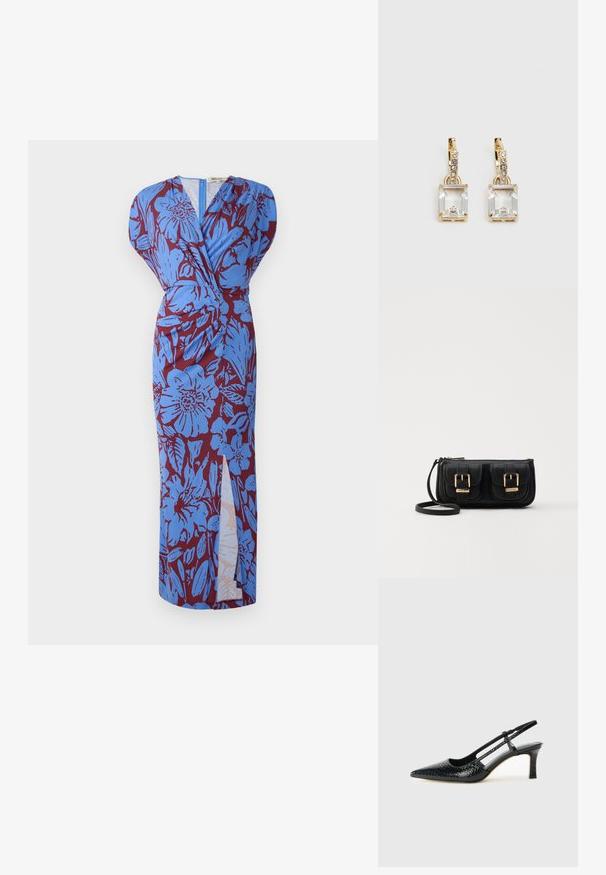 Pikk kleit, millel on kerimine disain, sinise lillemustriga burgundi taustal, valmistatud siledast kangast ja külgmise lõhiku puhul.; Mustmust paelad, millel on terav varvas, tekstuuriga maduprindiga, reguleeritav rihm ja lühike tekstuuriga plokknina.; Must küllastamata nahast õlakott, millel on kaks esist nähtavat taskut, kuldsed pandlad, tõmblukuga sulgemine ja peen rihm. Tekstuuriga pind ja kompaktne ristkülikukujuline kuju.; Kuldtooni kõrvarõngad, millel on ristkülikukujuline, selge kristall, mis ripub allapoole väikeste ümmarguste selgete aktsentide rida. Viimistletud, kaasaegne disain.