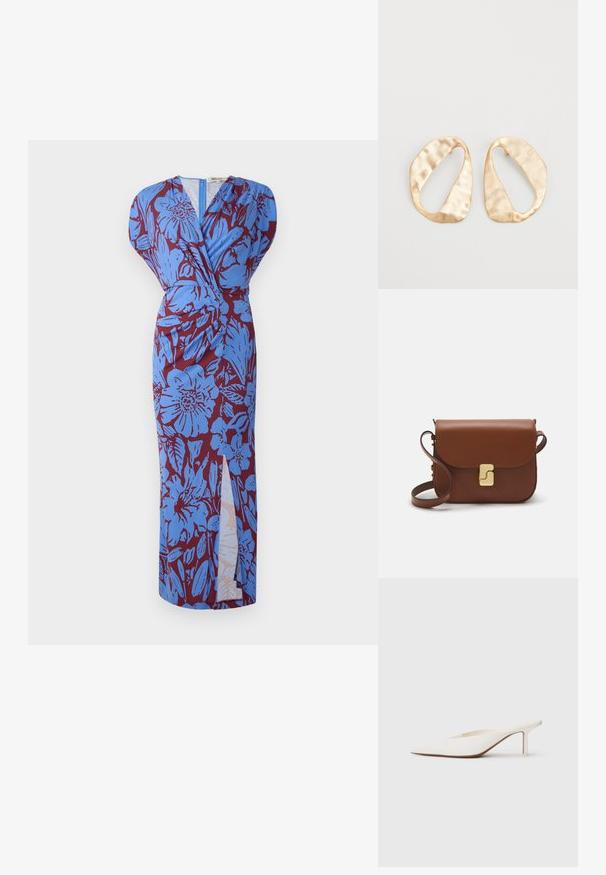 Vestido largo con diseño envolvente, que presenta un patrón floral azul sobre un fondo burdeos, fabricado en una tela suave y con una abertura lateral.; Mule blanco de punta afilada con un tacón bajo de stilettos. Hecho de material suave con un diseño minimalista y un sutil detalle en la suela color tostado.; Bolso de mano de cuero marrón con cierre de solapa, herrajes en tono dorado, correa para el hombro y una textura suave. Forma rectangular compacta.; Un par de pendientes de metal dorado en forma de óvalo irregular con una superficie texturizada y ligeramente martillada sobre un fondo blanco.
