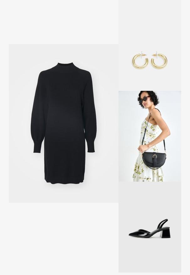 Fekete kötött ruha magas nyakkivágással, hosszú ballon ujjakkal és bordázott mandzsettákkal. Az anyag puhanak tűnik, sima textúrával.; Fekete lakk bőr szandálkés magas sarkú cipő, hegyes orral és geometrikus tömbsarkakkal. Karcsú, minimalista dizájn és sima textúra jellemzi.; Fekete bőrtáska ívelt formával, levehető pánttal és arany színű fémrészekkel. A táskán egy csattal díszített fedél található.; Arany fülbevalók sima, fényes felülettel. Kör alakú dizájn, amely kis kapoccsal és átlátszó tartozékkal rendelkezik a biztonságos viselés érdekében.