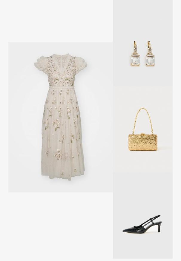 Needle & Thread POSY V NECK BALLERINA DRESS - Koktélruha / Partiruha - cream; Fekete lakk slingback sarok, hegyes orral, texturált kígyómintával, állítható pánttal és rövid, texturált tömbsarkal.; Arany flitteres clutch táska, téglalap alakú, csavart lánckarabinerekkel és fém záródással, mely fényt tükröz a textúrált felületének köszönhetően.; Aranyszínű fülbevalók, melyek egy téglalap alakú, tiszta kristállyal díszítették, ami egy sor kis, kerek, tiszta kiegészítő alatt lóg. Letisztult, modern dizájn.