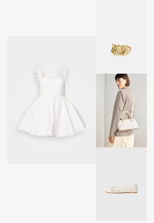 Valkoinen mekko, jossa on napakka yläosa ja levenevä hameosa. Hänellä on höyheniä olkainkoristeina ja sileä, teksturoitu kangas.; Pointe suora in pelle crema con tomaia trasparente decorata da strass sparsi. Suola morbida per comfort, design minimalista.; Valkoinen rakenteellinen käsilaukku, jossa on lyhyet kahvat ja olkahihna, varustettu kultaisilla metalliosilla ja tekstuurilla, esillä harmaata taustaa vasten.; Kullanışlı bir ayarlanabilir yüzüğe sahip, üç belirgin zirveye sahip dokulu, dalgalı düzene sahip altın yüzük. Düzgün, parlak yüzey ve açık bant ile tasarlanmış.