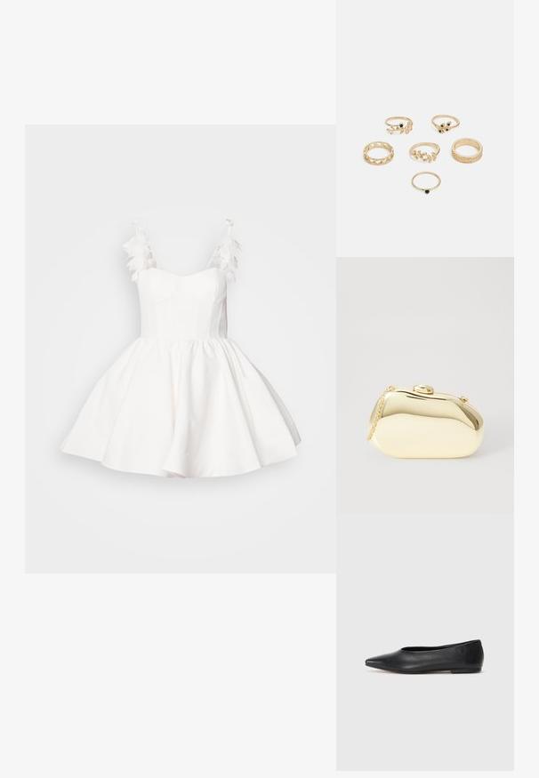 Robe blanche avec un corsage ajusté et une jupe évasée. Présente des accents en plumes sur les bretelles et un tissu lisse et texturé.; Ballerines noires en cuir, à bout pointu, design minimaliste, texture lisse, talon bas, sans matériel ni embellissements visibles.; Pochette métallique dorée avec une forme lisse et arrondie, dotée d'un fermoir à bouton supérieur et d'une petite chaîne pour le transport.; Ensemble de six anneaux en or présentant divers designs : tressés, motifs de feuilles et bandes unies ; certains avec des accents de pierres précieuses vertes.