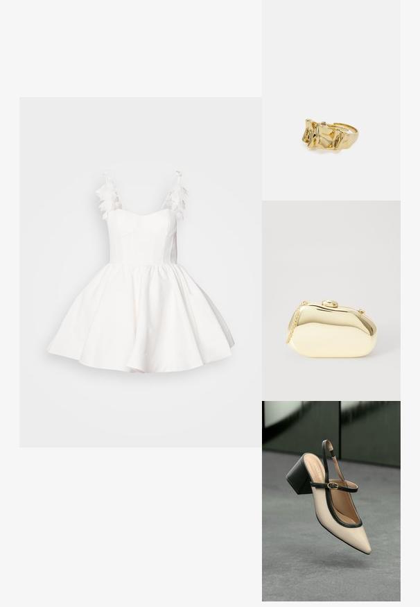 Valge kleit, millel on hästi istuv pealisosa ja laienev seelik. Kätetugedel on sulekaunistused ning kangas on sile ja tekstuuriga.; Beesidega teravatoe slingback king, musta äär ja kuldne pandla, tummise plokk-kontsa peal hallil põrandal tumesinise tausta ees.; Kuldne metallist käekott sujuva, ümarate kujude ning ülemise nupuvajutusega kinnitusega. Koti küljes on väike kett, et oleks mugav kanda.; Kuldne sõrmus tekstureeritud, lainelise disainiga, millel on kolm silmapaistvat tippu. Sile, läikiv pind ja avatud riba, mis võimaldab reguleeritavat sobivust.