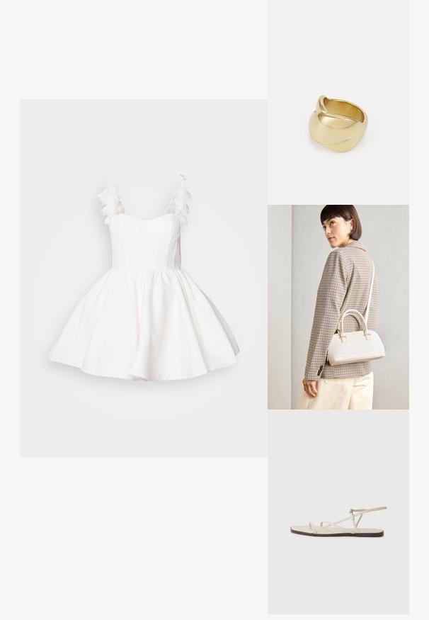 Rochie albă cu un corset ajustat și o fustă evazată. Prezintă accente din pene pe bretelele umerilor și un material neted, texturat.; Sandalie plate bej cu multiple bretele subțiri și o cataramă ajustabilă. Talpa este plată, cu un ușor contrast întunecat la margine.; Geantă structurată albă, cu mânere scurte și curea de umăr, având accente din metal aurit și material texturat, expusă pe un fundal gri.; Iarba de aur cu un design neted, răsucit. Prezintă o suprafață lustruită și marginile rotunjite, creând o formă fluidă, continuă.