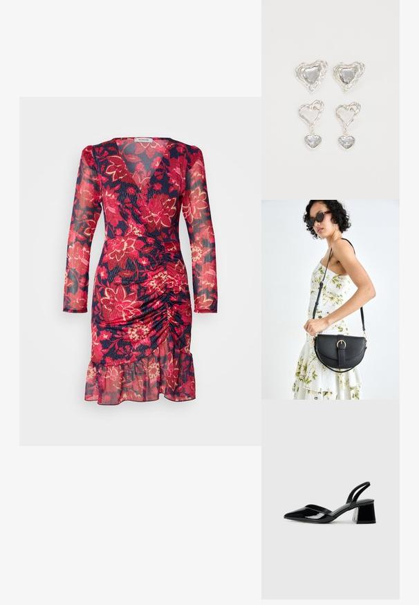 Floral wrap dress with long sleeves, featuring a navy base, bright red and pink floral patterns, ruched waist, and ruffled hemline.; Black patent leather slingback heels with a pointed toe and a geometric block heel. Features a sleek, minimal design and smooth texture.; Black leather handbag with a curved shape, detachable strap, and gold hardware. The bag features a flap with a buckle detail.; Silver heart-shaped earrings feature faceted clear stones, with a textured frame. The set includes stud and drop styles.