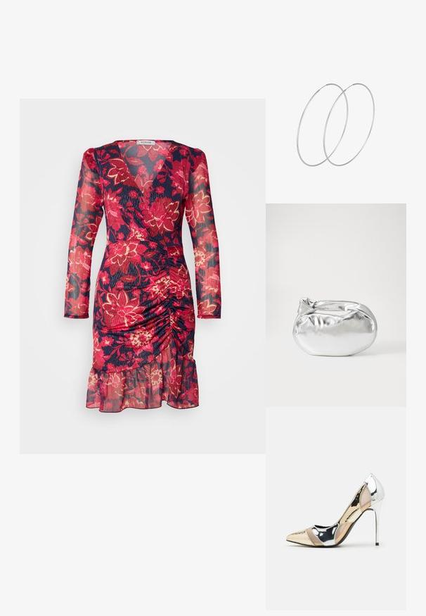 Cvetna obleka s dolgimi rokavi, s temnim nebesno modrim podlagom, svetlečimi rdečimi in roza cvetnimi vzorci, nabranim pasom in čipkastim robom.; Čevlji z visoko peto in konico, v barvni kombinaciji srebrne, zlate in nude. Sijajna obdelava z izrezljanim dizajnom, z igličasto peto.; Srebrna kovinska torbica z mehko, zaobljeno obliko in zavezano zgornjo zaporo. Narejena iz gladkega umetnega usnja.; Srebrne uhane v obliki obroča z minimalističnim dizajnom. Krožna oblika, gladka tekstura in tanek profil. Lahki s poliranim zaključkom.